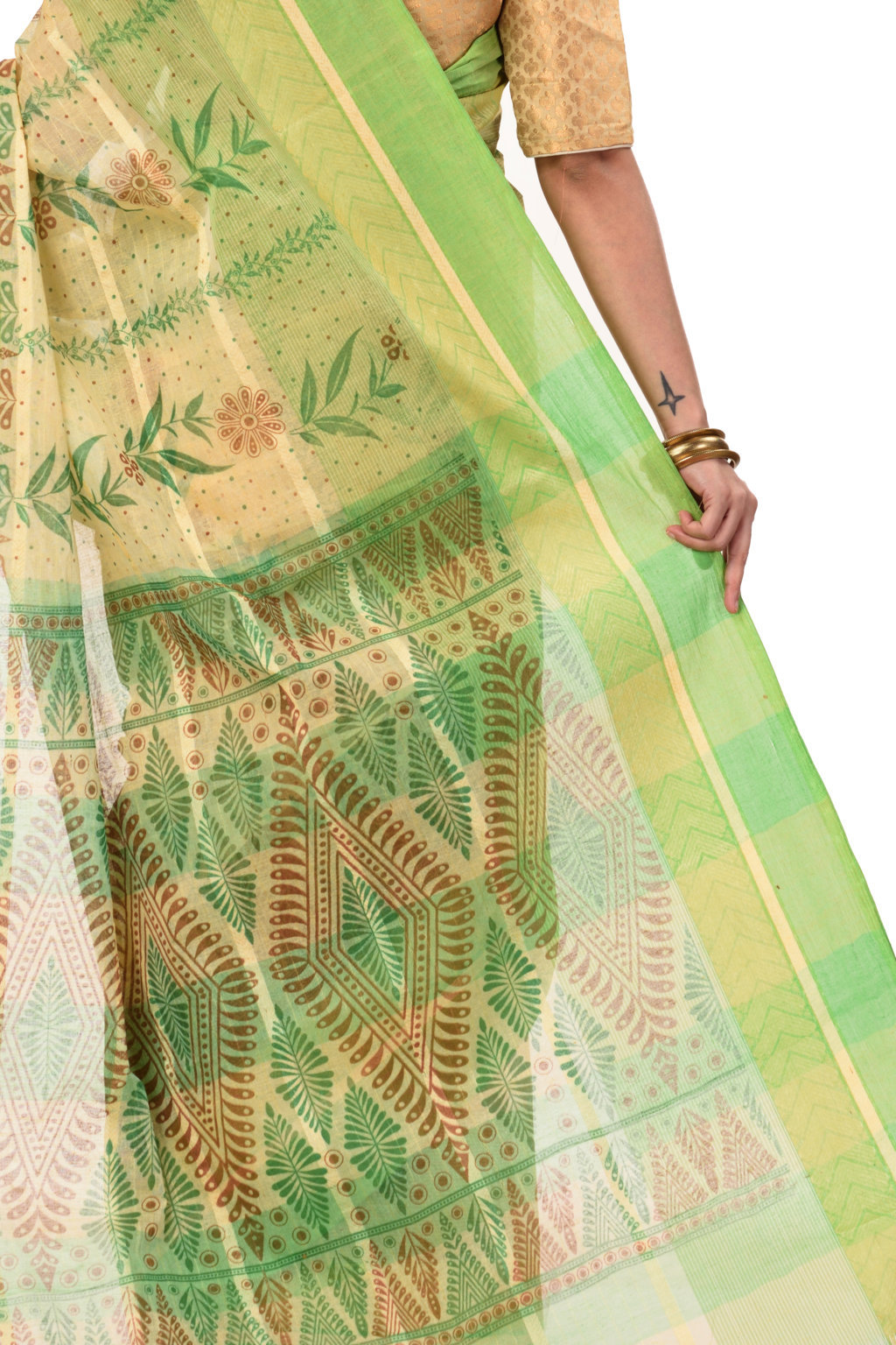 Green Pure Cotton Lata Pata Tant Saree Print (438)